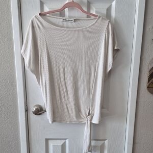 Rebecca Minkoff Ivory Ribbed Short Sleeve Tie-Front Top